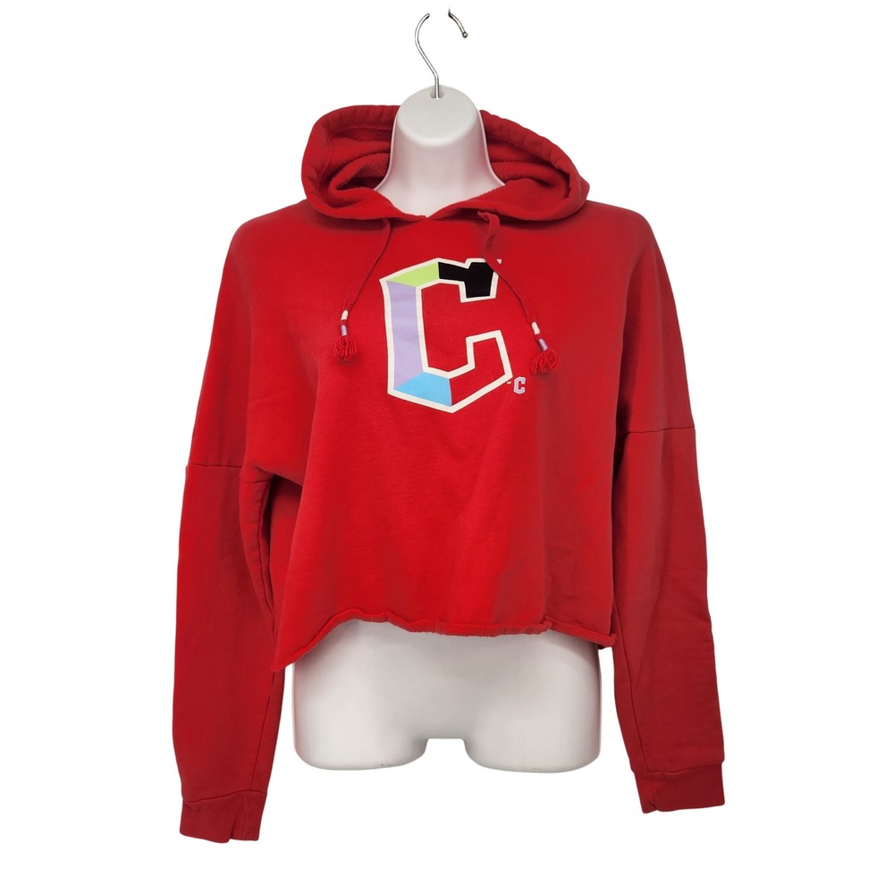 Cleveland Guardians Red Cropped Hoodie Tassel Drawstring Block C Logo Womens M
